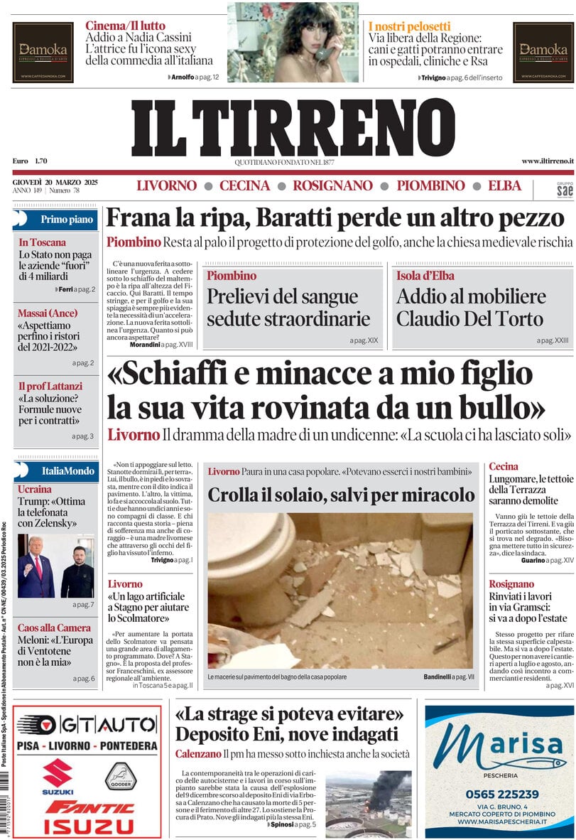 Il Tirreno, prima pagina