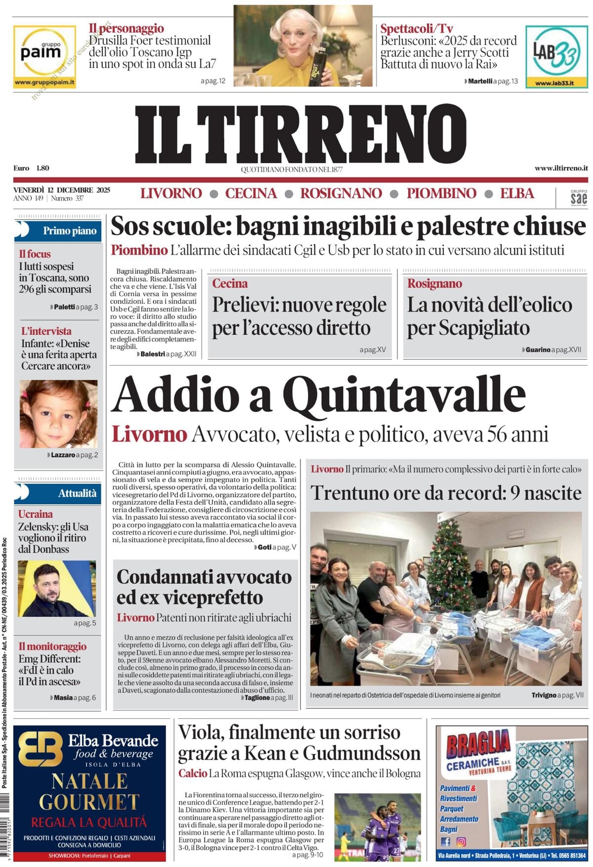 Il Tirreno, prima pagina