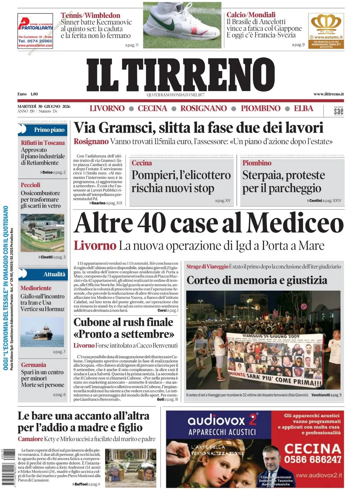 Il Tirreno, prima pagina