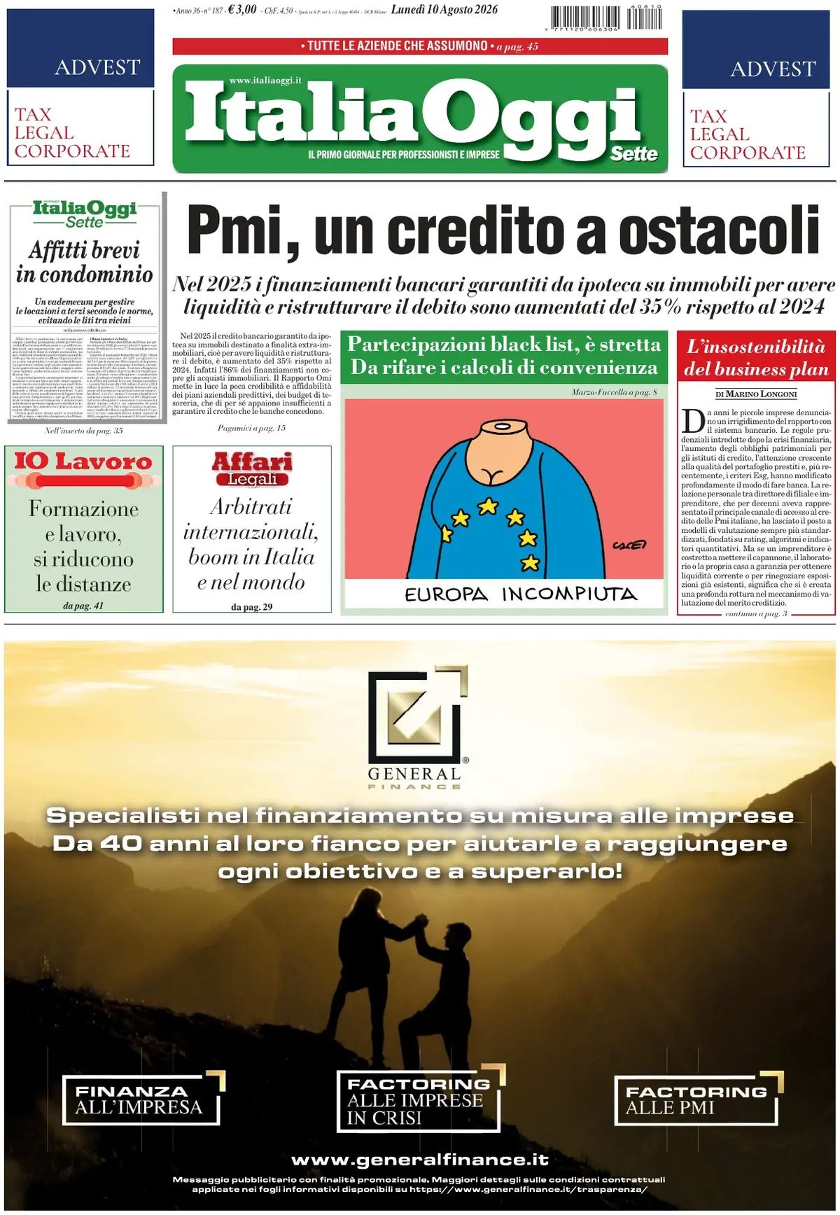 Italia Oggi, prima pagina