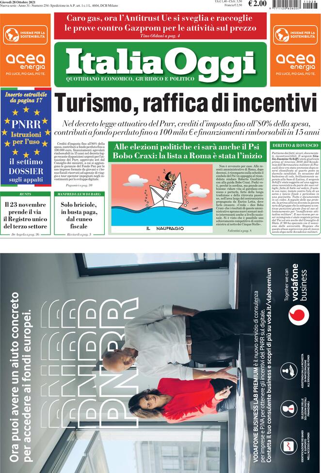 Italia Oggi, prima pagina
