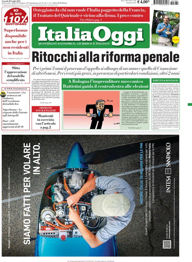 Italia Oggi, prima pagina