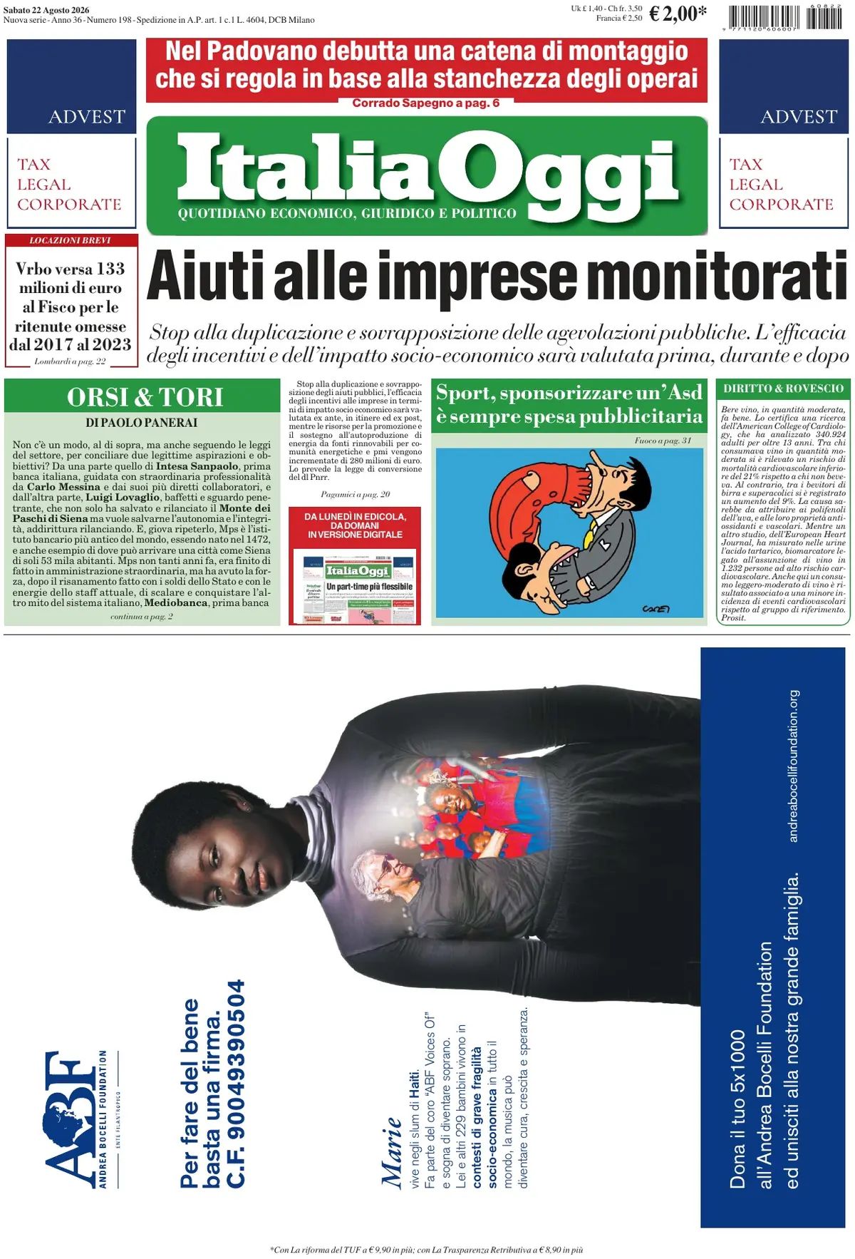 Italia Oggi, prima pagina