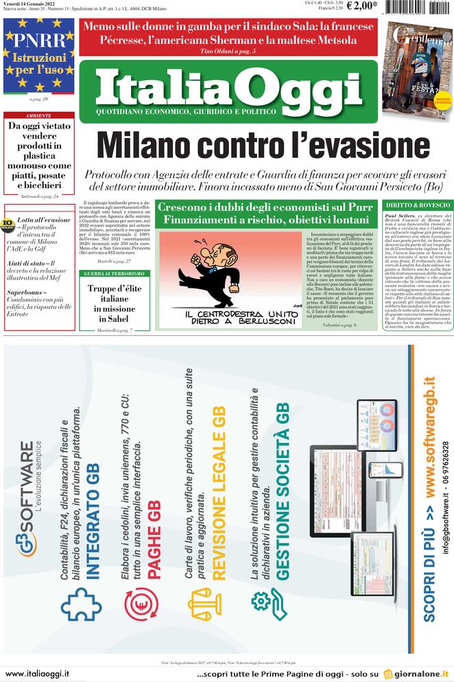 Italia Oggi, prima pagina