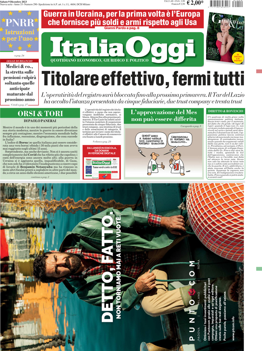 Italia Oggi, prima pagina