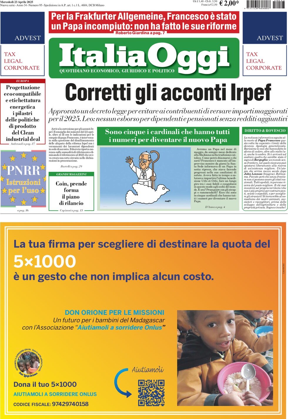 Italia Oggi, prima pagina
