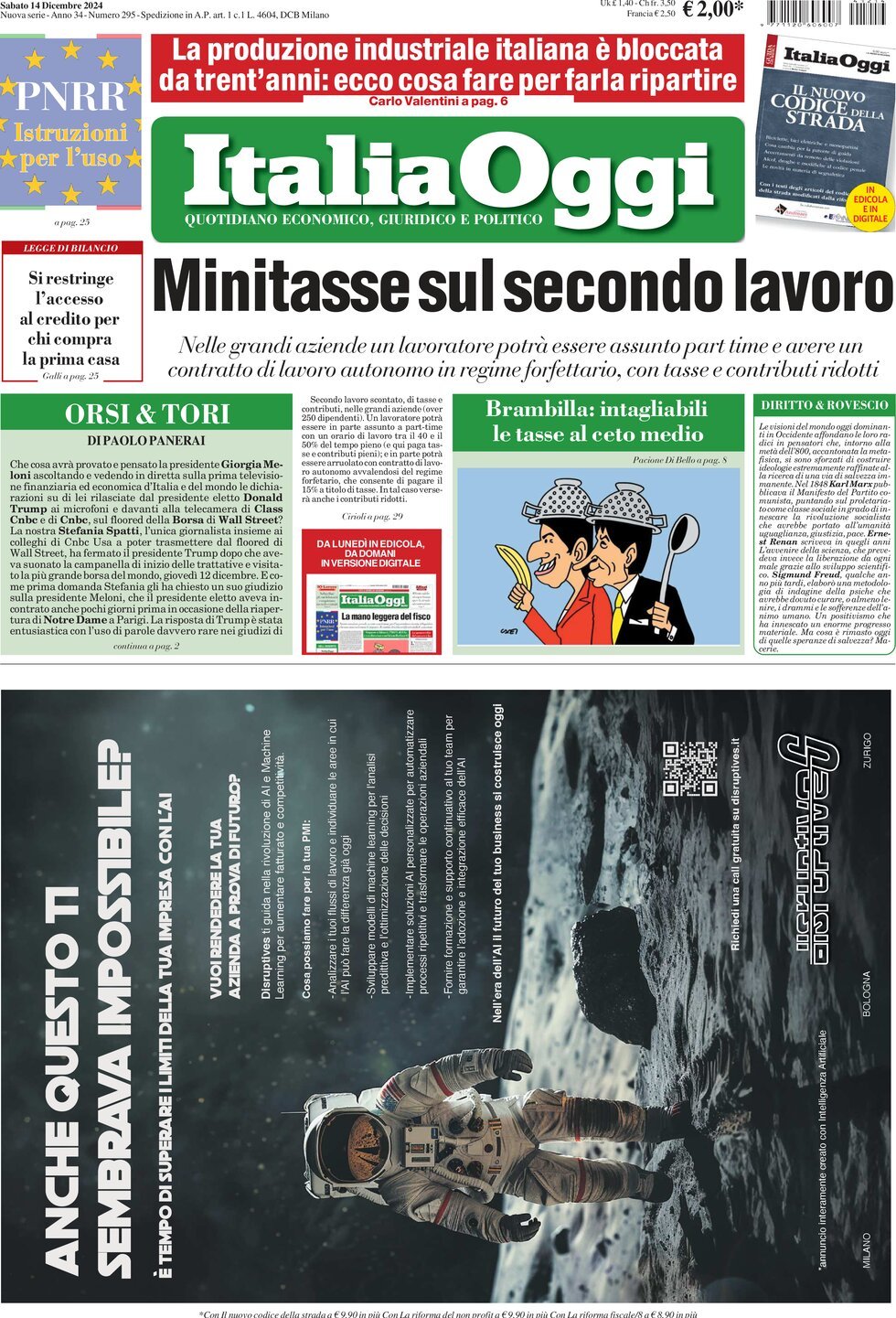 Italia Oggi, prima pagina