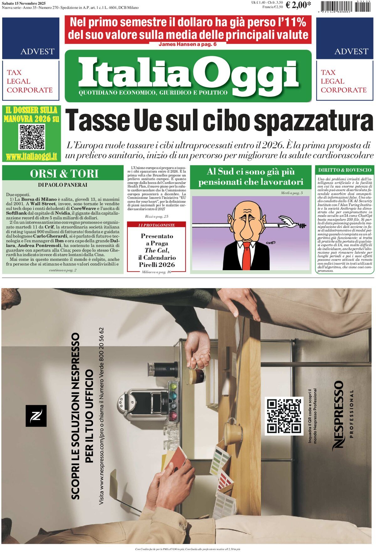 Italia Oggi, prima pagina