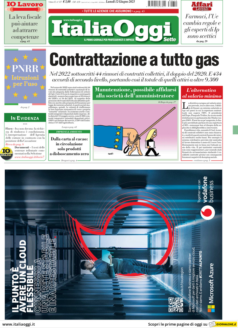 Italia Oggi, prima pagina