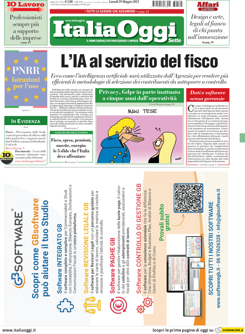 Italia Oggi, prima pagina