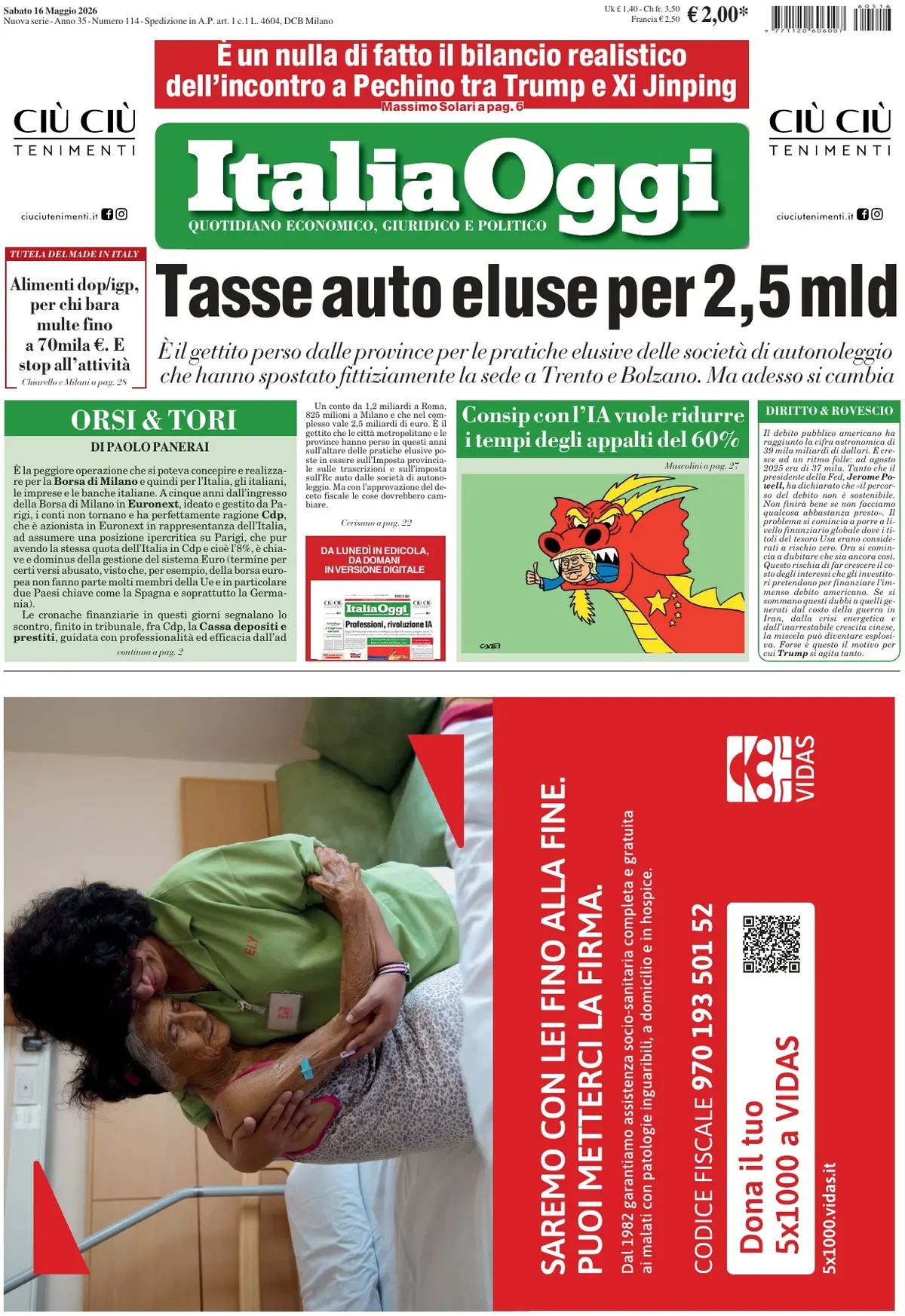 Italia Oggi, prima pagina