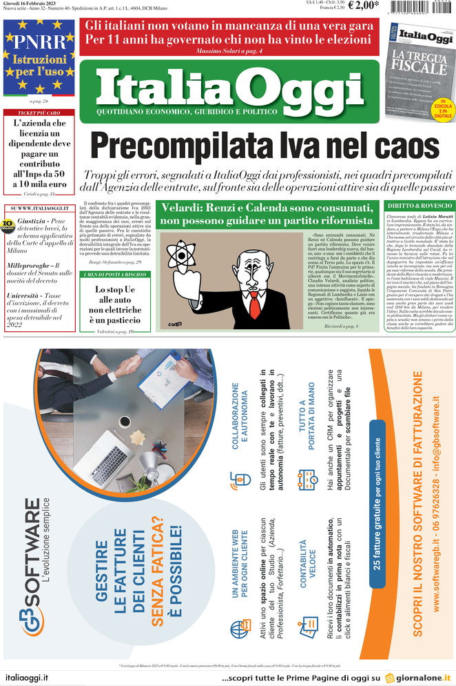 Italia Oggi, prima pagina