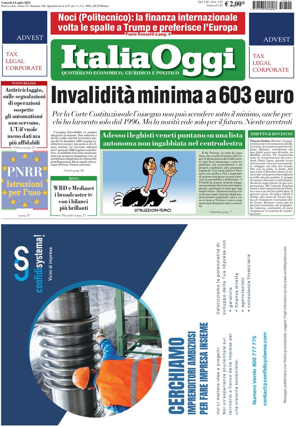 Italia Oggi, prima pagina