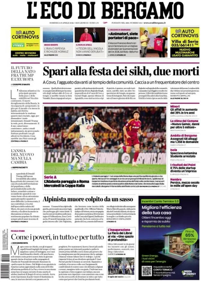L'Eco Di Bergamo, prima pagina