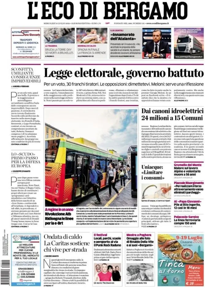L'Eco Di Bergamo, prima pagina