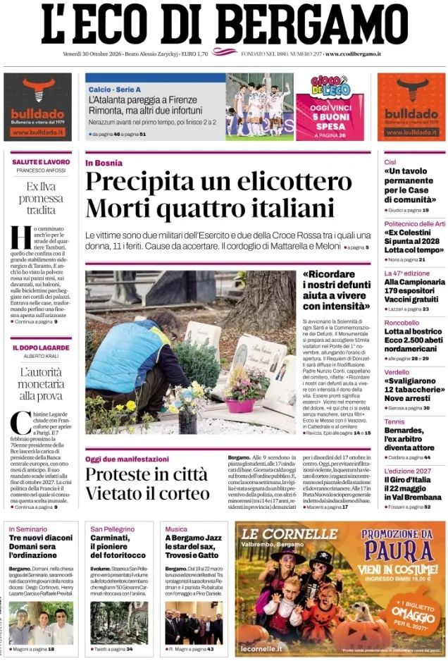 L'Eco Di Bergamo, prima pagina