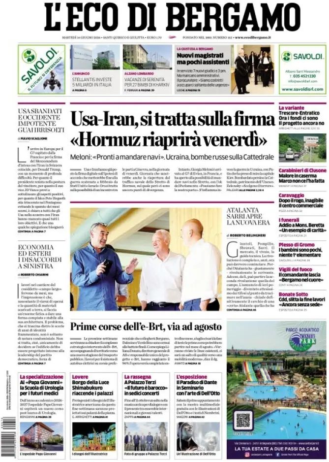 L'Eco Di Bergamo, prima pagina