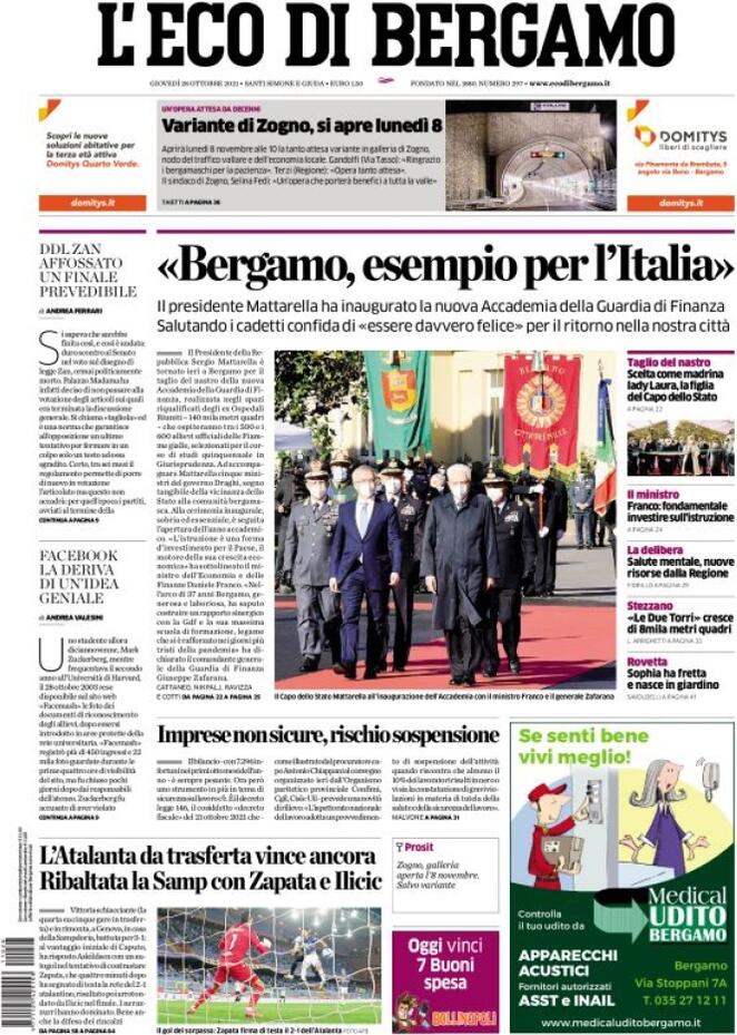 L'Eco Di Bergamo, prima pagina