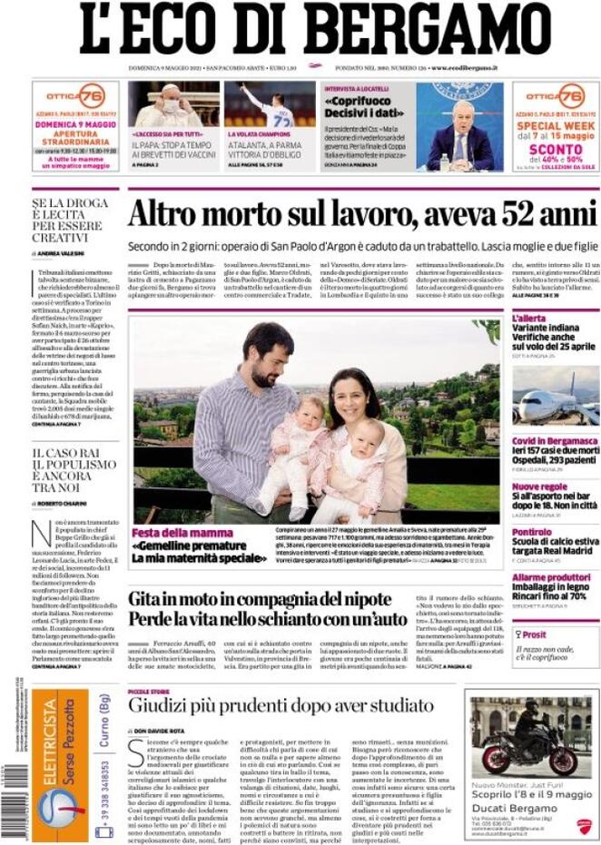 L'Eco Di Bergamo, prima pagina