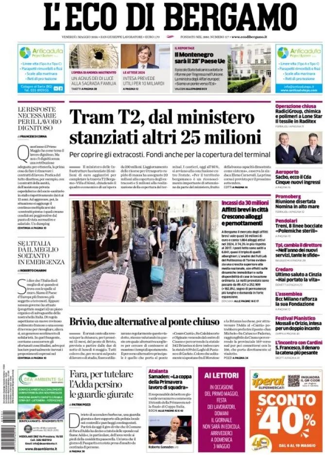 L'Eco Di Bergamo, prima pagina