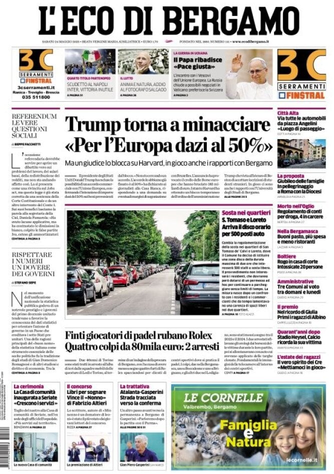 L'Eco Di Bergamo, prima pagina