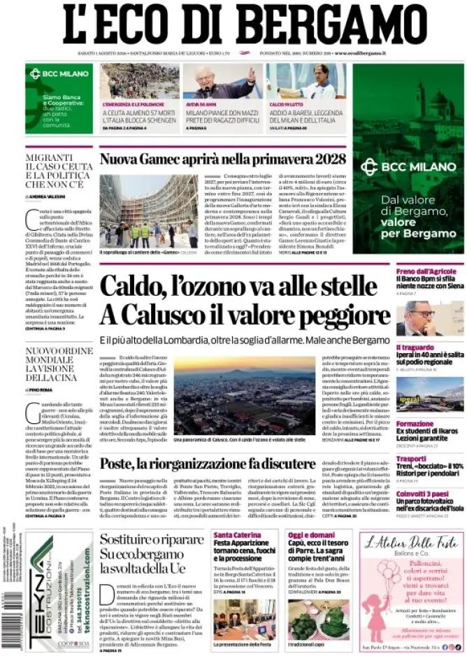 L'Eco Di Bergamo, prima pagina