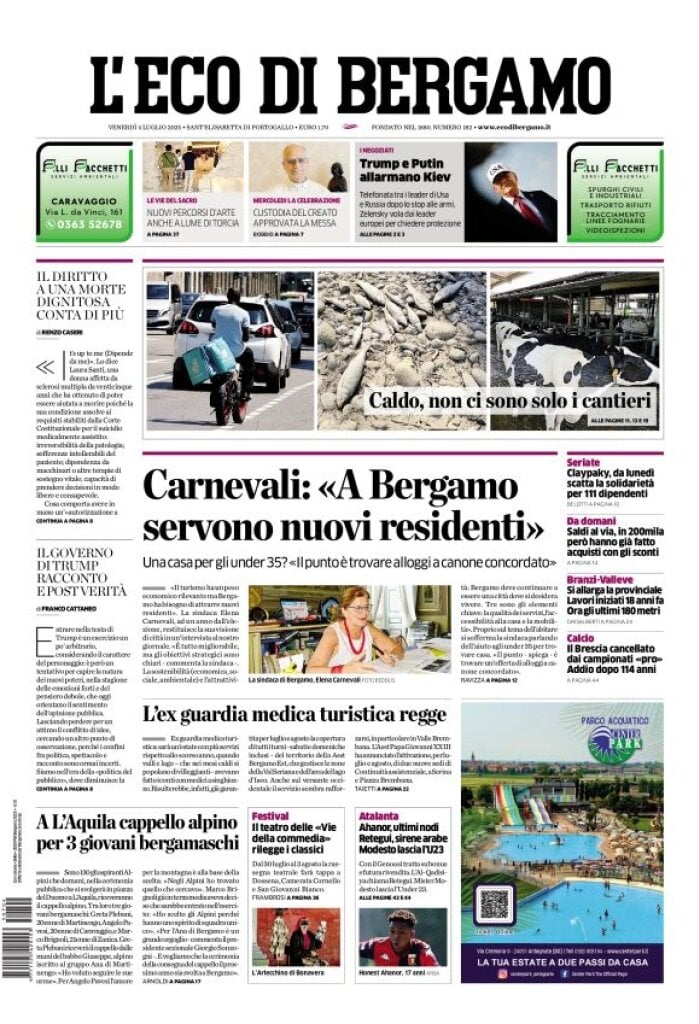 L'Eco Di Bergamo, prima pagina