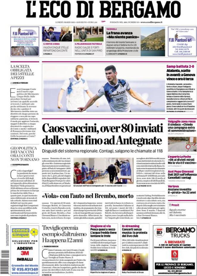 L'Eco Di Bergamo, prima pagina
