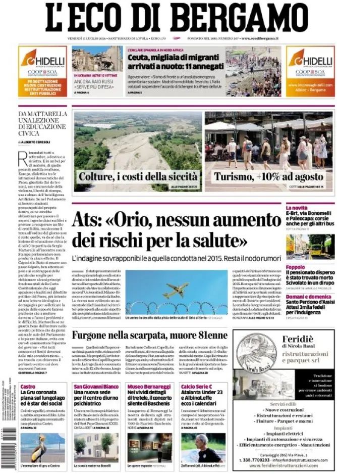 L'Eco Di Bergamo, prima pagina
