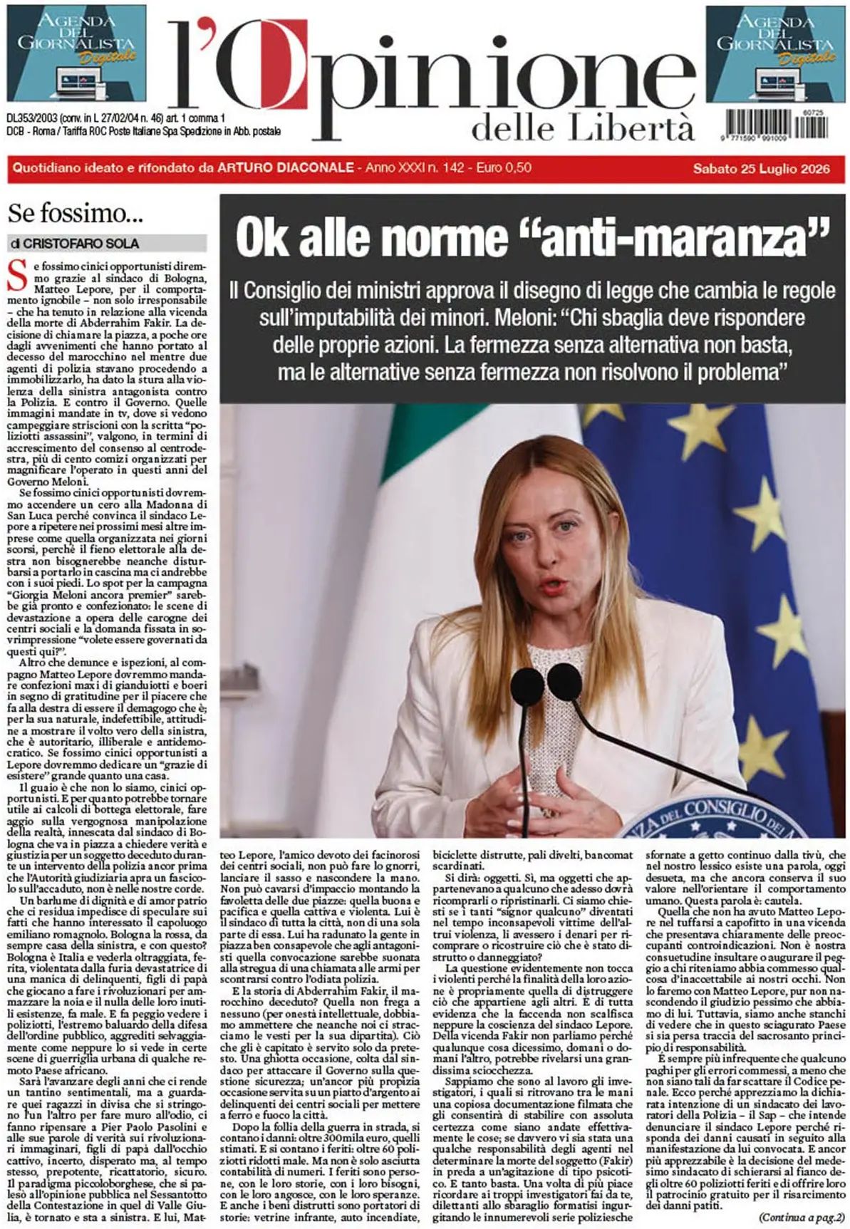 L'Opinione Delle Libertà, prima pagina