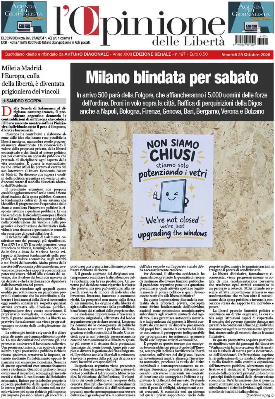 L'Opinione Delle Libertà, prima pagina