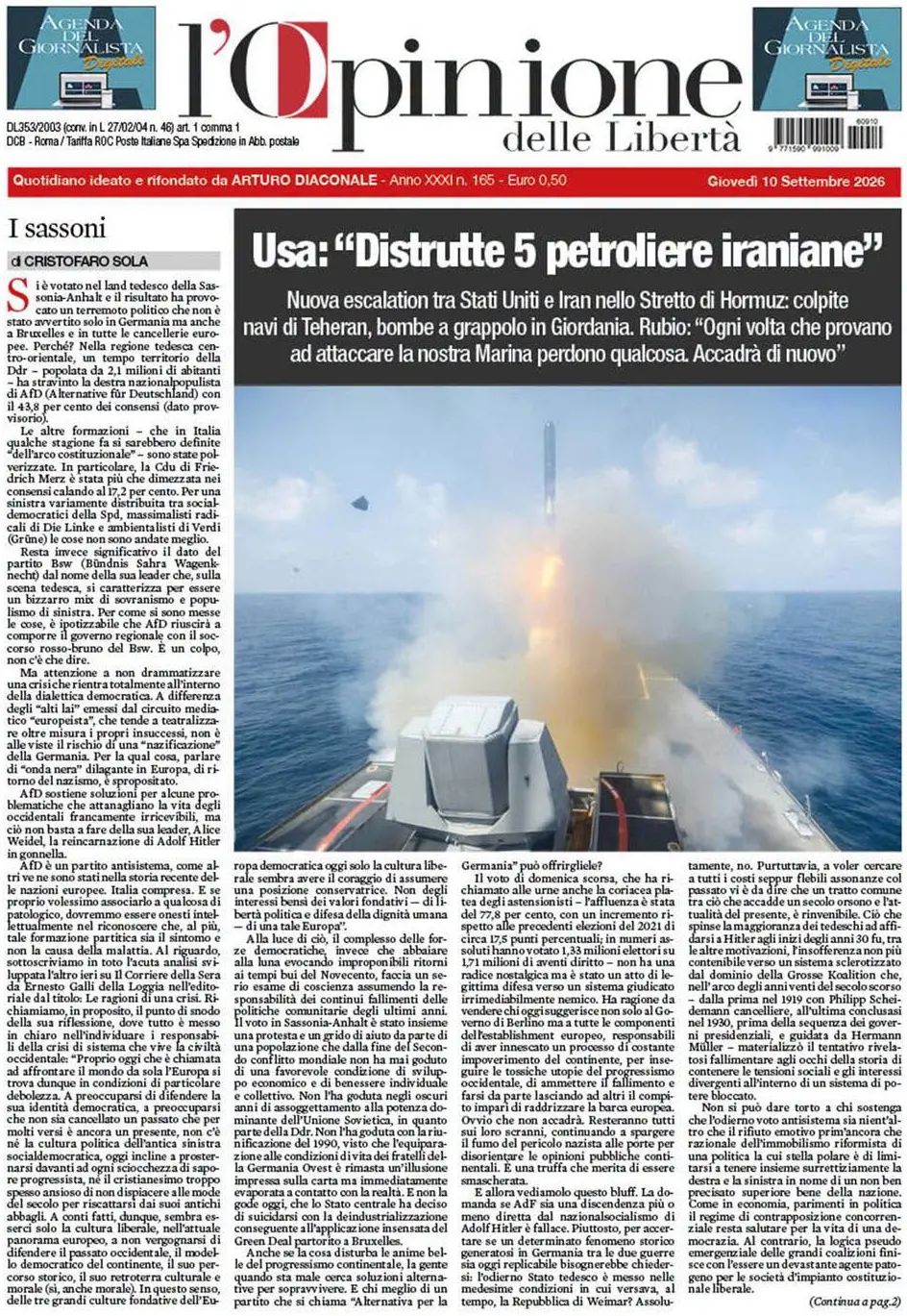 L'Opinione Delle Libertà, prima pagina
