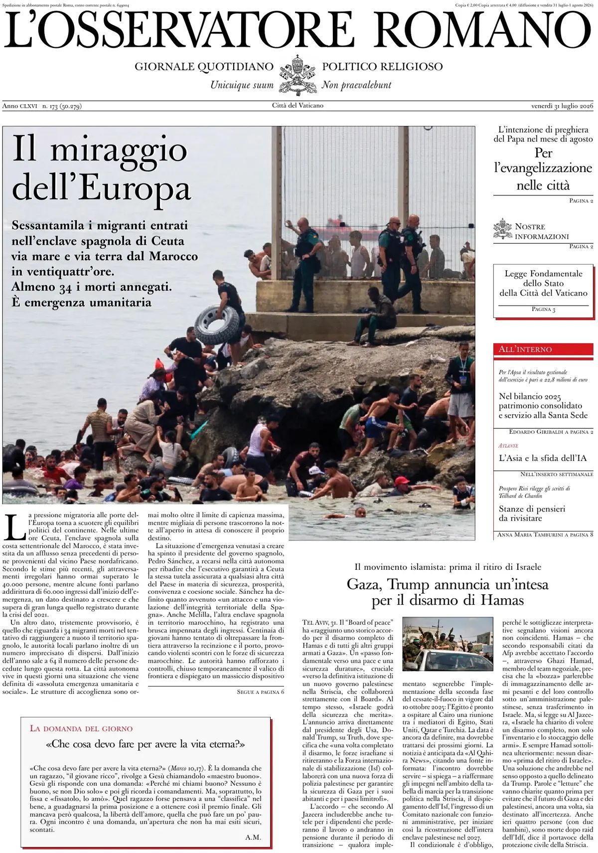 L'Osservatore Romano, prima pagina