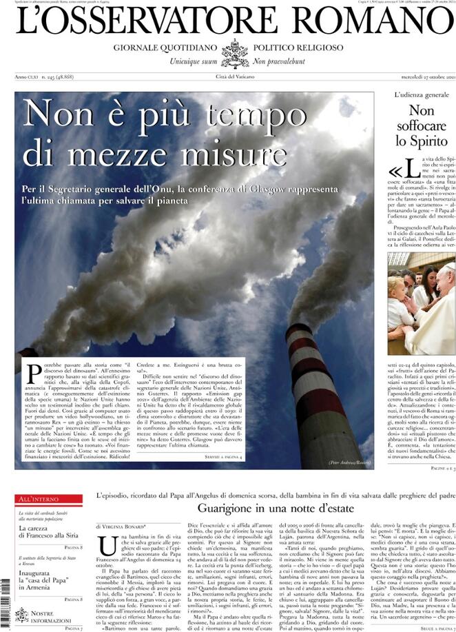 L'osservatore Romano, prima pagina