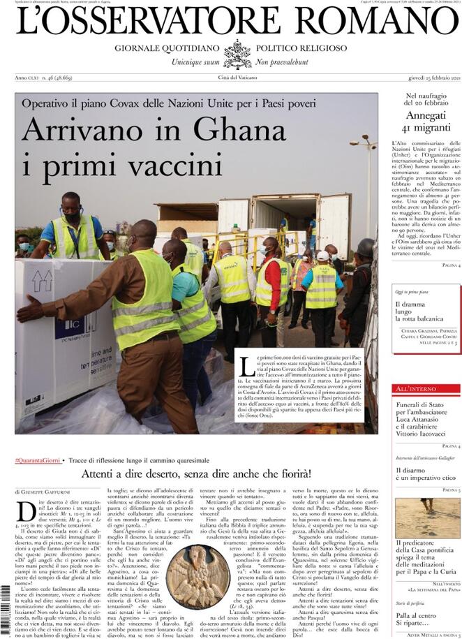 L'osservatore Romano, prima pagina