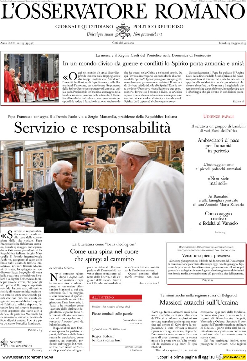 L'osservatore Romano, prima pagina