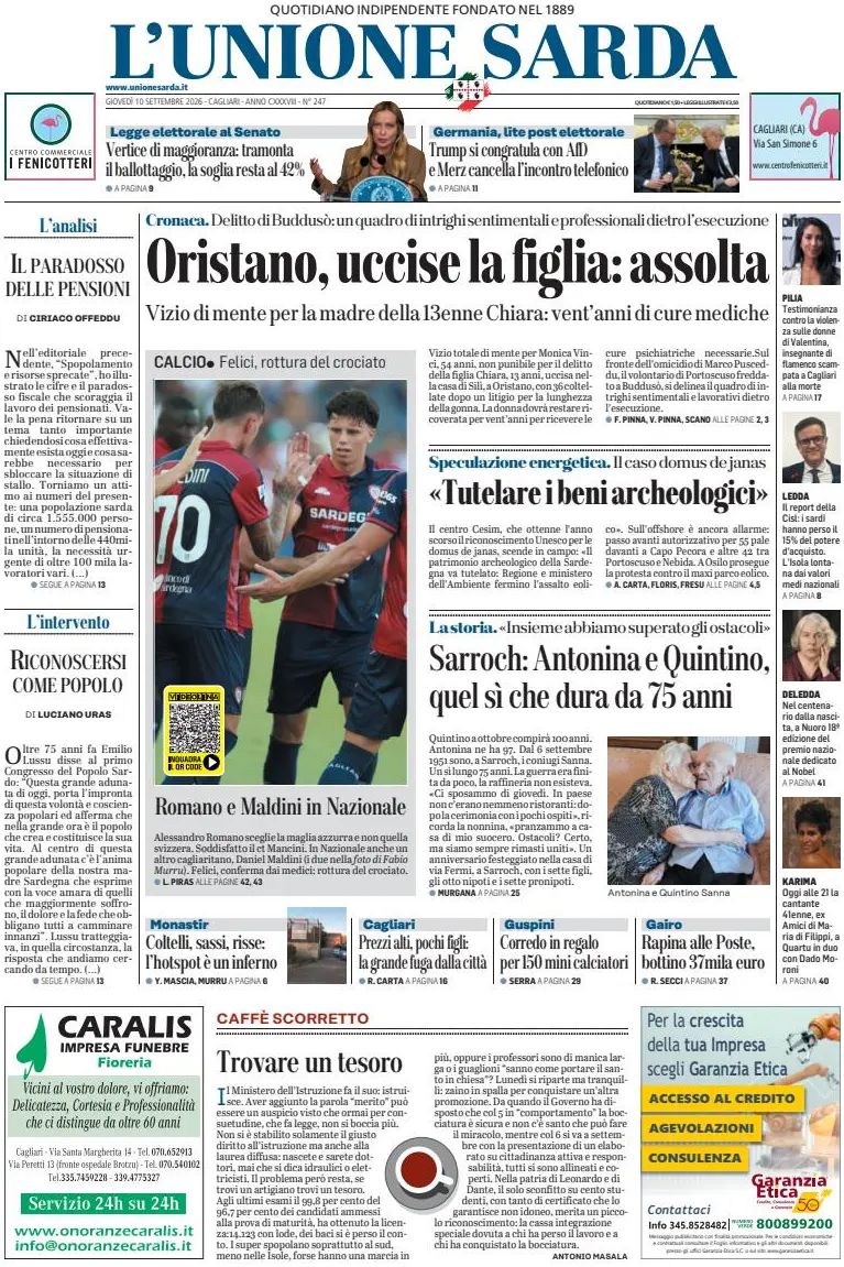 L'unione Sarda, prima pagina