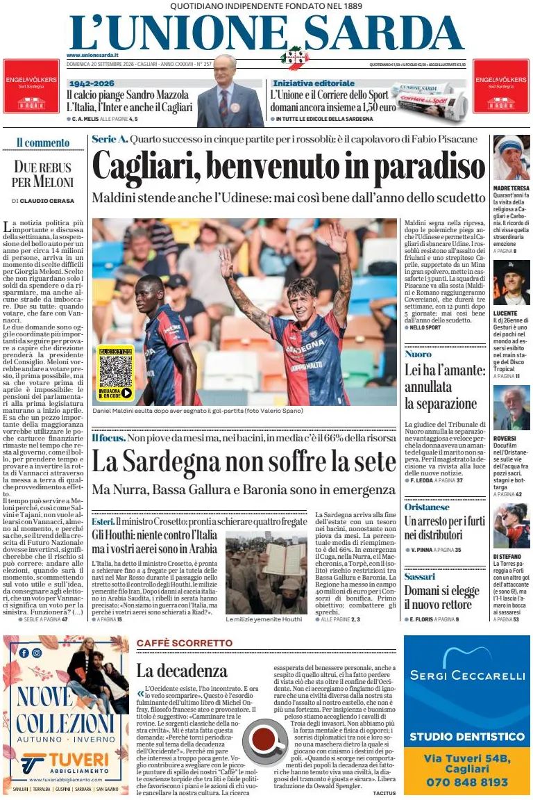 L'unione Sarda, prima pagina