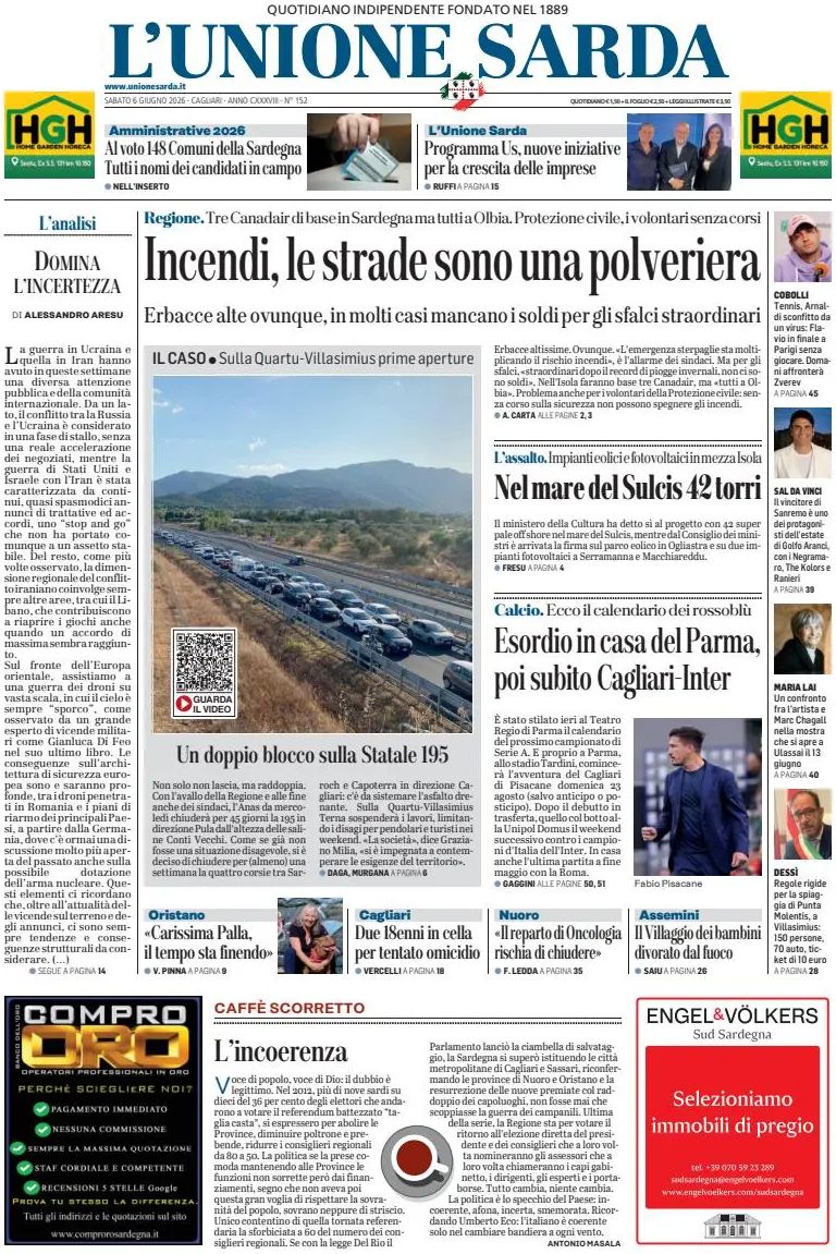 L'unione Sarda, prima pagina
