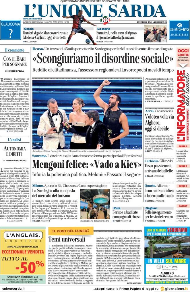 L'unione Sarda, prima pagina