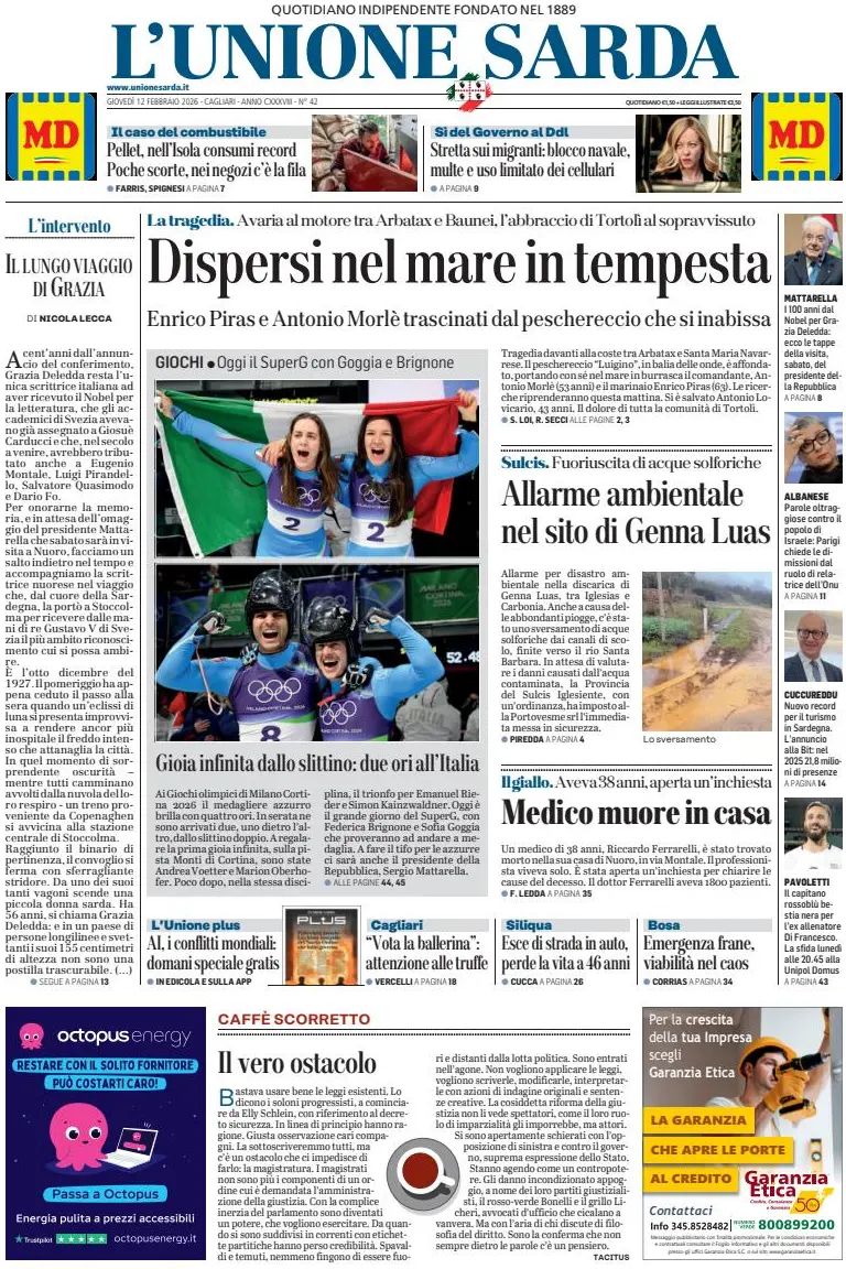 L'unione Sarda, prima pagina