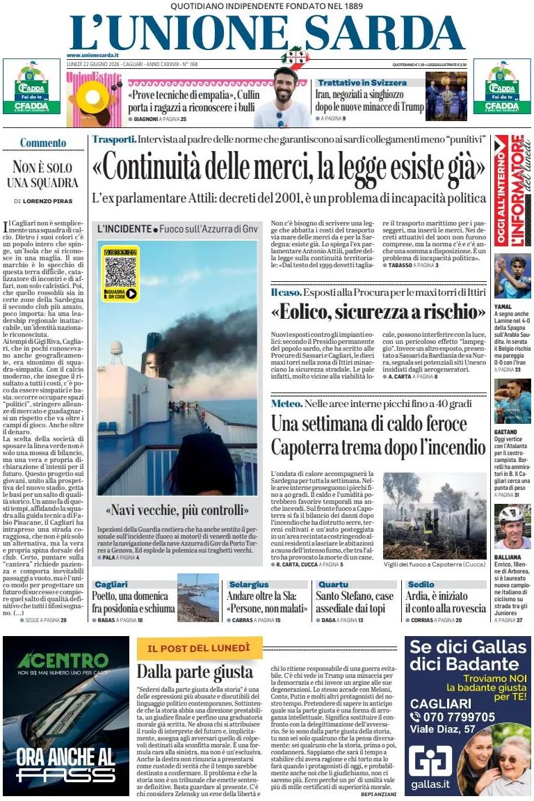 L'unione Sarda, prima pagina