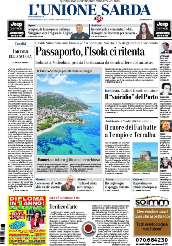 L'unione Sarda, prima pagina