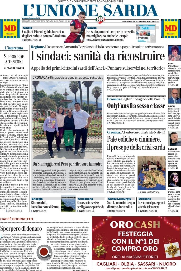 L'unione Sarda, prima pagina