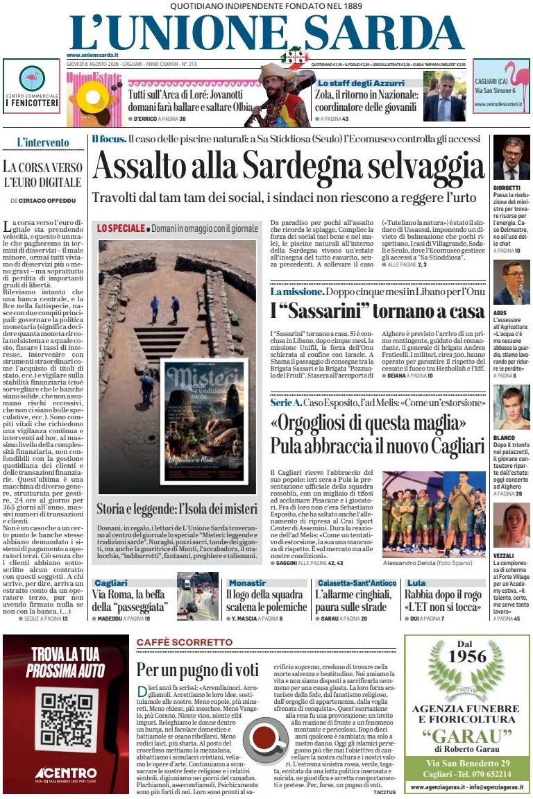 L'unione Sarda, prima pagina