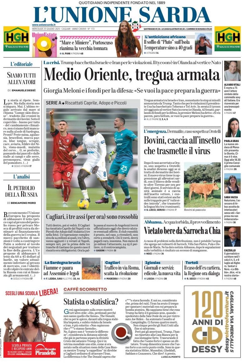 L'unione Sarda, prima pagina