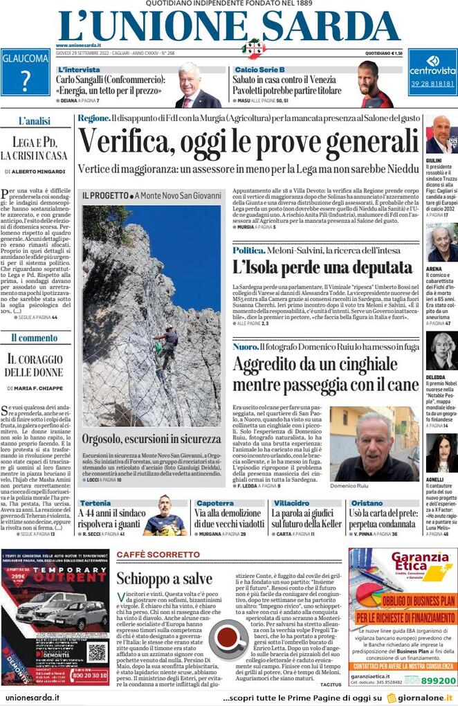 L'unione Sarda, prima pagina