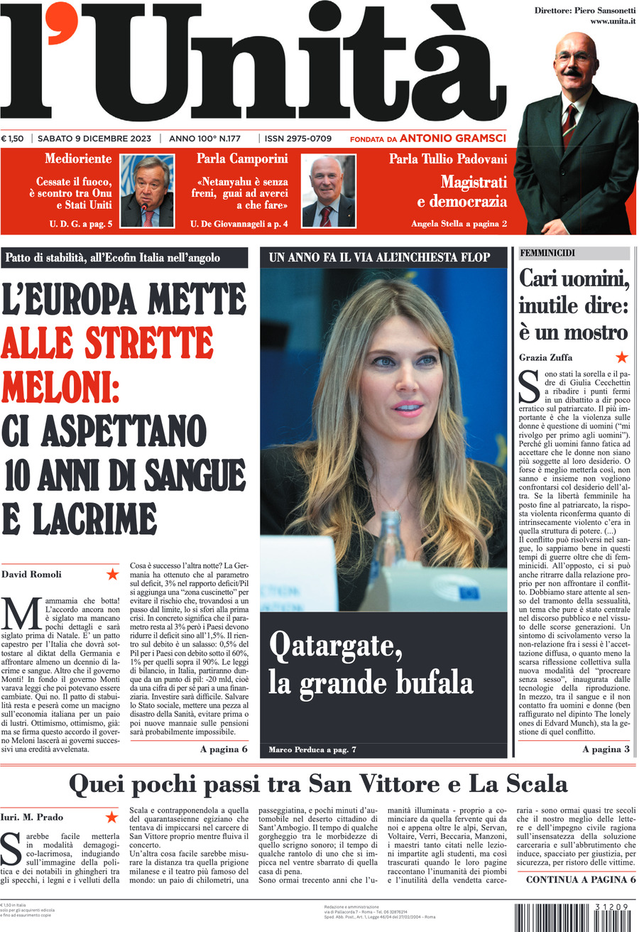 L'Unità, prima pagina