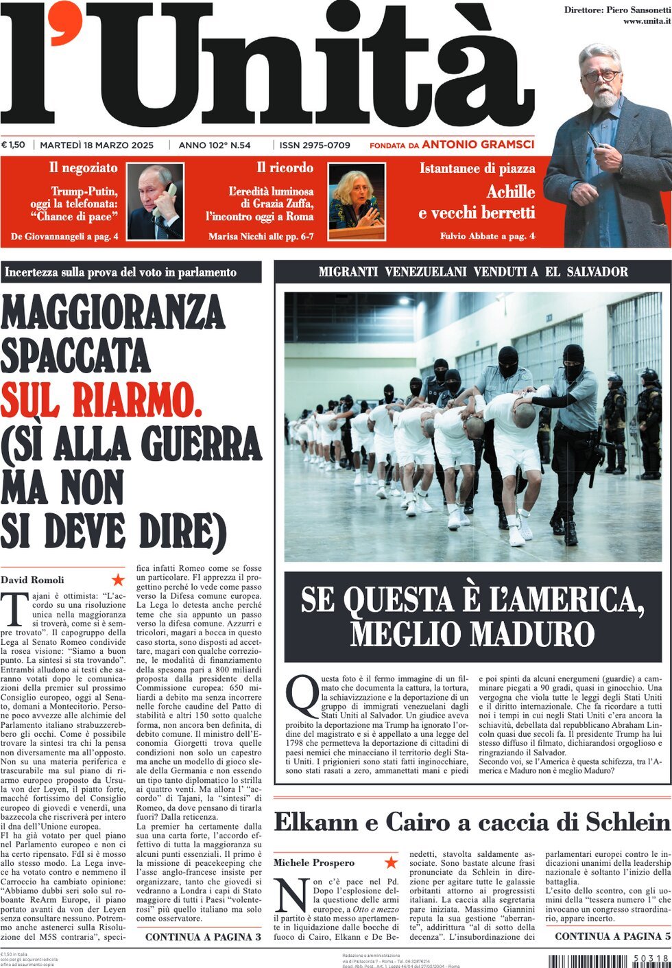 L'Unità, prima pagina