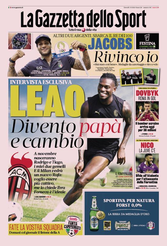 Gazzetta dello Sport Prima Pagina – Edizione di Oggi, Giovedì 01 Agosto 2024